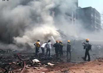 Ahmedabad, Jun 12 (ANI): Firefighting operation underway at the site where an Air India plane, B787 Aircraft VT-ANB, while operating flight AI-171 from Ahmedabad to Gatwick, had crashed immediately after takeoff with 242 passengers onboard, in Ahmedabad on Thursday. (ANI Photo)