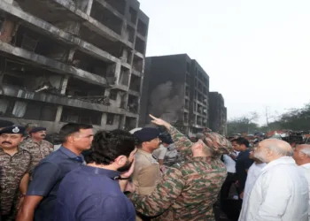 Ahmedabad, Jun 12 (ANI): Union Home Minister Amit Shah with Gujarat Chief Minister Bhupendra Patel, inspects the site of the Air India plane crash to take stock of the situation, in Ahmedabad on Thursday. (Amit Shah-X/ANI Photo)
