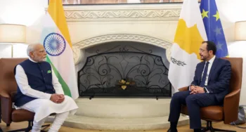 Prime Minister Narendra Modi in conversation with Cyprus President Nikos Christodoulides, at the Presidential Palace, in Nicosia on Monday. (@PMOIndia X/ANI Photo)