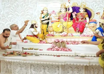 UP Chief Minister Yogi Adityanath offered prayers before Ram Darbar on the first floor of the Shri Ram Janmabhoomi Mandir in Ayodhya