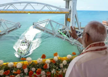 Prime Minister Narendra Modi inaugurating the Pamban rail bridge in Ramanathapuram district of Tamil Nadu