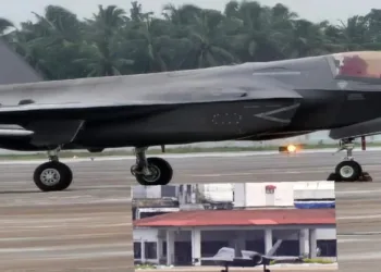 The F-35 fighter jet is currently parked at the airport under tight security