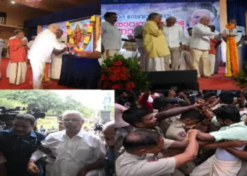 Kerala Governor Arlekar lights the lamp and offers flowers to Bharatamba’s portrait at Kerala University amid SFI-KSU protests