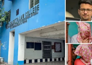 Monojit Mishra (top right) and two others (faces covered) have been arrested in connection with the South Kolkata law college rape case