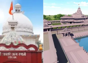 Punaura Dham temple-left, proposed construction at the site-right
