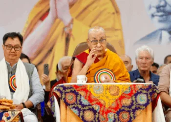 Union Minister Kiren Rijiju-left, Dalai Lama (centre) and Union Minister Rajiv Ranjan Singh on the occasion of Dalai Lama's 90th birthday in Dharamshala, Image courtesy X handle of Kiren Rijiju