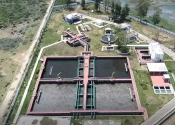 Aerial view of modern sewage treatment facilities in Haridwar developed under the Namami Gange Mission to restore Ganga river