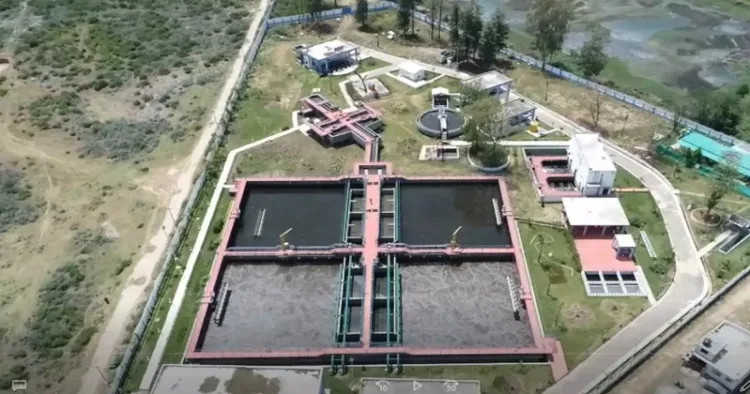 Aerial view of modern sewage treatment facilities in Haridwar developed under the Namami Gange Mission to restore Ganga river