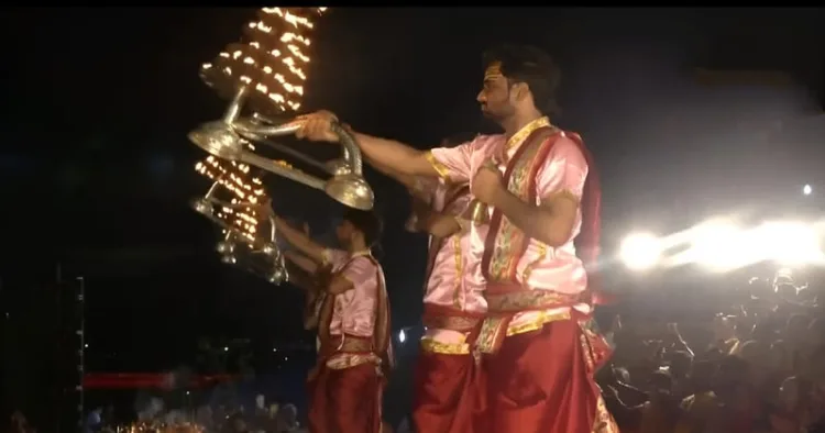 Amarnath yatra pilgrims join aarti on the banks of Tawi river