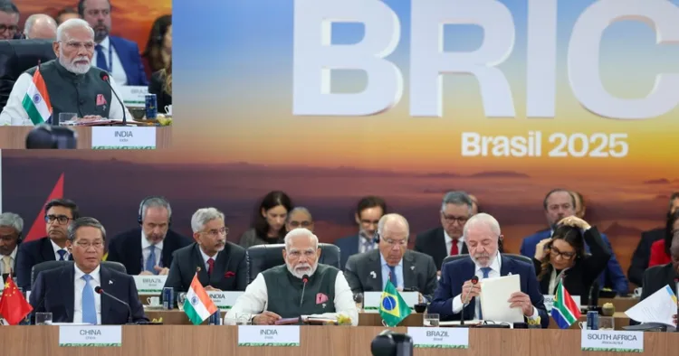 Prime Minister Narendra Modi addresses the session on ‘Environment, COP30, and Global Health’ at the 17th BRICS Summit, in Rio de Janeiro, Brazil, on July 7, 2025