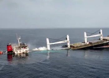 image released by Ansar Allah Media Office in Yemen shows the Liberian-flagged bulk carrier Eternity C is seen as it sinks in the Red Sea