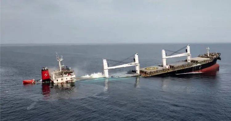 image released by Ansar Allah Media Office in Yemen shows the Liberian-flagged bulk carrier Eternity C is seen as it sinks in the Red Sea