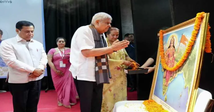 Vice President Dhankhar offers floral tribute to Bharat Mata at JNU’s first IKS conference, reflecting cultural resurgence