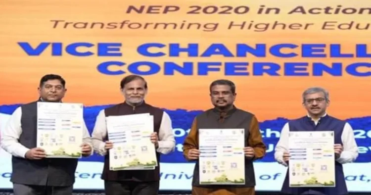 Education Ministers Dharmendra Pradhan and Dr Sukanta Majumdar with Central University Vice Chancellors at the Kevadia VCs conference 2025