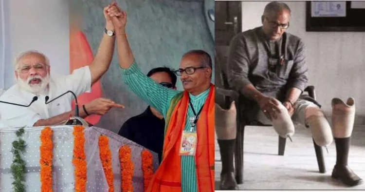 (Left) C. Sadanandan Master, a teacher and survivor of brutal CPI(M) violence with PM Narendra Modi (Right) C. Sadanandan Master