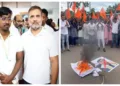 Udit Pradhan with Congress leader Rahul Gandhi (Left) and ABVP activist burning an effigy of Rahul Gandhi and Bhakta Charan Das (Right)