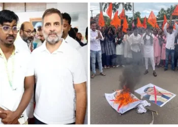 Udit Pradhan with Congress leader Rahul Gandhi (Left) and ABVP activist burning an effigy of Rahul Gandhi and Bhakta Charan Das (Right)