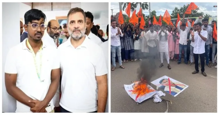 Udit Pradhan with Congress leader Rahul Gandhi (Left) and ABVP activist burning an effigy of Rahul Gandhi and Bhakta Charan Das (Right)