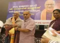 Rajya Sabha MP C. Sadanandan Master being felicitated by J. Nandakumar Ji and dignitaries at a reception hosted at the Constitution Club of India