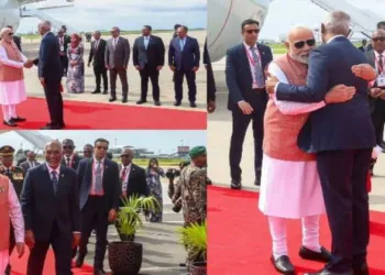 PM Narendra Modi receives a warm welcome from President Mohamed Muizzu upon arrival at Velana International Airport, Maldives