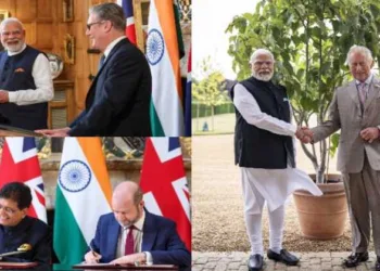 Snapshots from PM Modi’s UK visit showcasing key moments with PM Keir Starmer, King Charles III, and the FTA signing ceremony