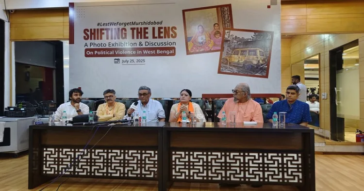 (From Left to Right) Senior Journalist at Organiser Nishant Kumar Azad; Editor of Organiser weekly Prafulla Ketkar; Former Rajya Sabha MP and BJP’s National Executive Member, Swapan Dasgupta; BJP leader and MLA from Asansol South in West Bengal, Agnimitra Paul; Veteran journalist and Senior Advisor at the Ministry of Information and Broadcasting, Kanchan Gupta; Deep Halder, author and Contributing Editor at The Print