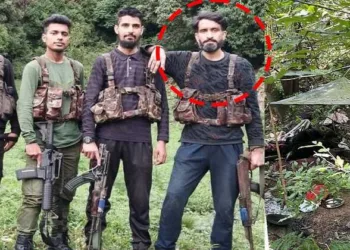 Sulaiman Shah (circled), mastermind of the Pahalgam terror attack, seen with fellow LeT terrorists ( right): their forest hideout busted during Operation Mahadev