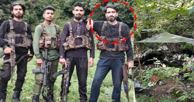 Sulaiman Shah (circled), mastermind of the Pahalgam terror attack, seen with fellow LeT terrorists ( right): their forest hideout busted during Operation Mahadev