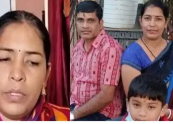(Left) photo of Priyadarshini Acharya, the wife of Prashant Kumar Satpathy, who was killed in the Pahalgam attack. (Right) Prashant Kumar Satpathy, who was killed in the Pahalgam attack with his family