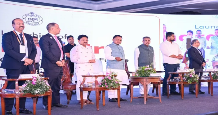 Chief Minister Mohan Charan Majhi and Union Education Minister Dharmendra Pradhan and others launching the Integrated Global Financial Technology Capability Hub (I-GFTCH) at Bhubaneswar