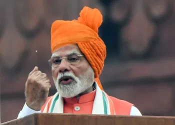 New Delhi, Aug 15 (ANI): Prime Minister Narendra Modi addresses the nation from the ramparts of Red Fort on 79th Independence Day, in New Delhi on Friday. (ANI Photo/Rahul Singh)