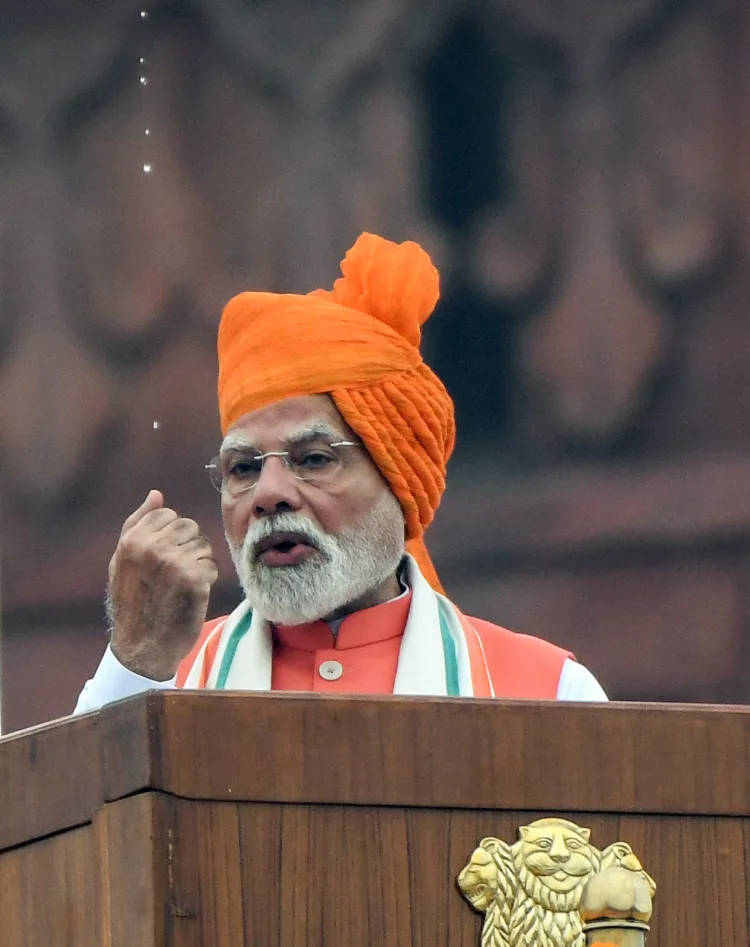 New Delhi, Aug 15 (ANI): Prime Minister Narendra Modi addresses the nation from the ramparts of Red Fort on 79th Independence Day, in New Delhi on Friday. (ANI Photo/Rahul Singh)