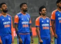 Indian players wearing their jerseys with Dream 11 as sponsor