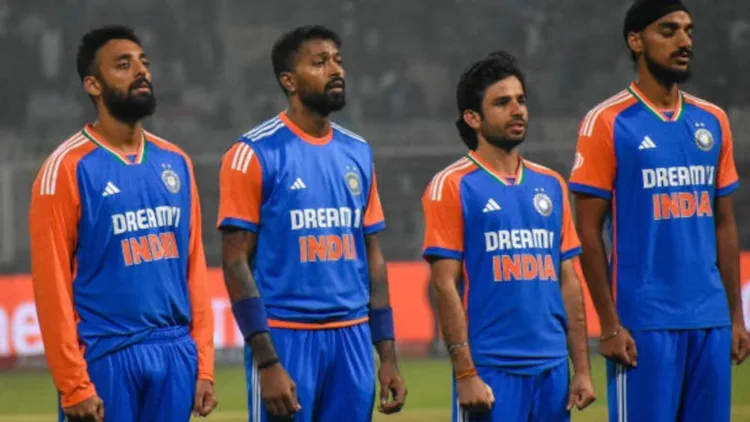 Indian players wearing their jerseys with Dream 11 as sponsor