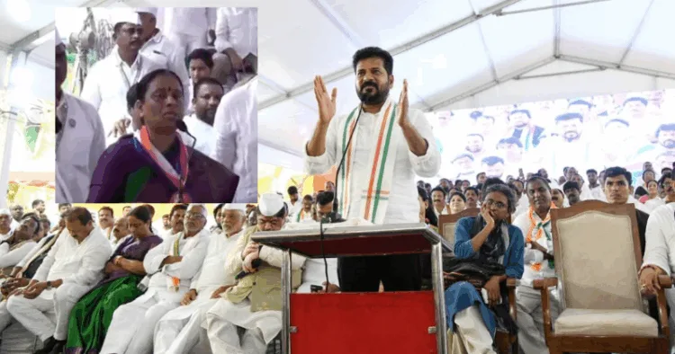 Telangana CM Revant Reddy speaking at Jantar Mantar; Konda Surekha (inside image)
