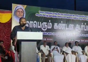 Ramesh, a functionary of the Dravidar Kazhagam, addressing the Christian event at Kumbakonam