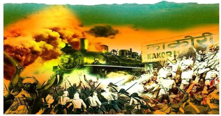 Illustration of the Kakori train robbery in 1925 depicting revolutionaries attacking a train near Kakori station.