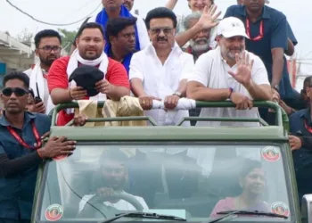 Tejashwi Yadav, M. K. Stalin, and Rahul Gandhi during the election campaign in Bihar