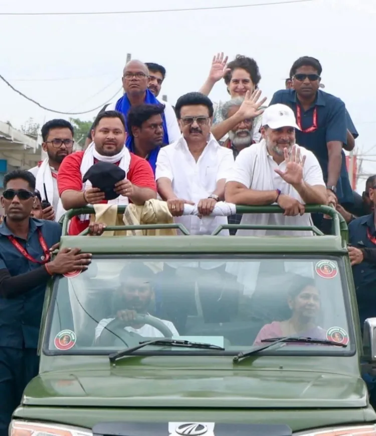 Tejashwi Yadav, M. K. Stalin, and Rahul Gandhi during the election campaign in Bihar