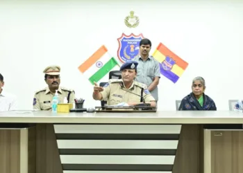 The Commissioner of Police, Rachakonda, G Sudheer Babu announcing the surrender of Kakarala Sunitha @ Badri and Chennuri Harish @ Ramanna (Seated right side)