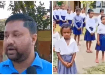 Headmaster Jeherul (L) and the students reciting Quranic verses in school
