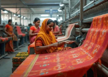 A woman weaving a cloth