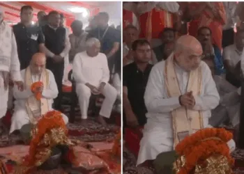 Union Home Minister performing Puja at the foundation laying stone ceremony of Janaki Mata mandir in Sitamarhi