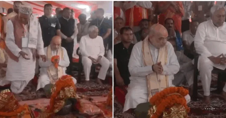 Union Home Minister performing Puja at the foundation laying stone ceremony of Janaki Mata mandir in Sitamarhi