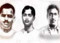 Ram Prasad Bismil, Rajendranath Lahiri and Ashfaqullah Khan were hanged in December 1927 for their role in the Kakori train robbery. (Photo via Twitter.com/AmritMahotsav)