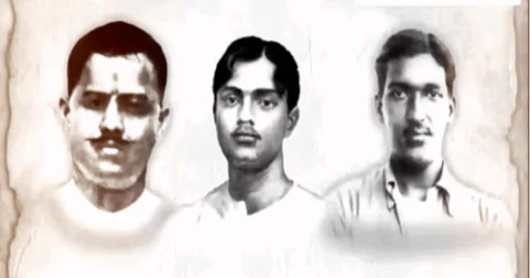 Ram Prasad Bismil, Rajendranath Lahiri and Ashfaqullah Khan were hanged in December 1927 for their role in the Kakori train robbery. (Photo via Twitter.com/AmritMahotsav)