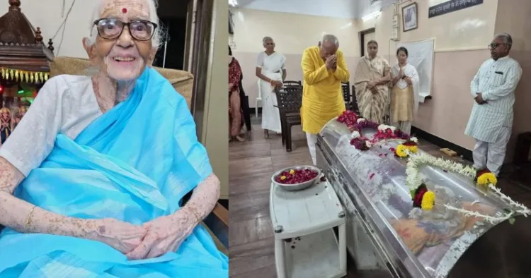 (Left) Vandaniya Pramilatai Medhe "Mausiji" (Right) RSS Sarsanghchalak Dr Mohan Bhagwat pays tribute to Mausiji