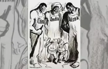 The cartoon was originally drawn by well-known American cartoonist Bob Minor and published in the Daily Worker, a socialist newspaper based in Chicago
