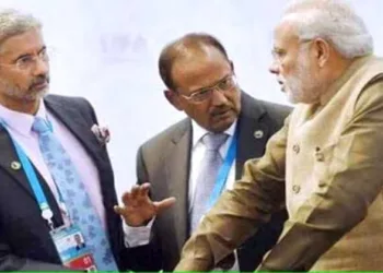 External Affairs Minister S. Jaishankar (Left), National Security Adviser Ajit Doval and Prime Minister Narendra Modi (Right)