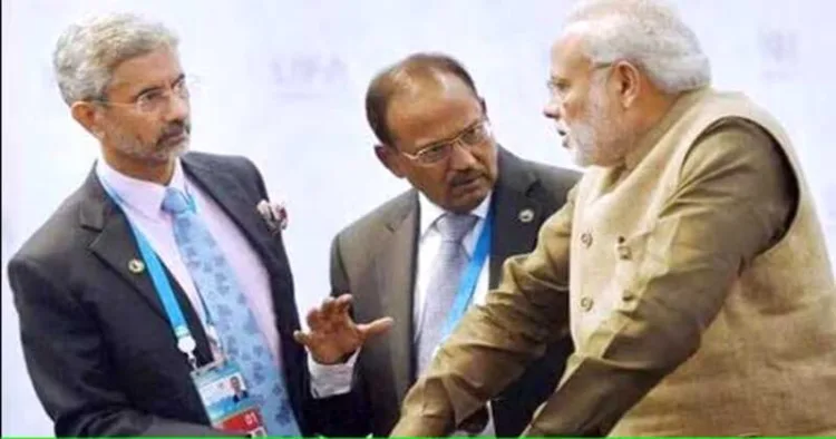 External Affairs Minister S. Jaishankar (Left), National Security Adviser Ajit Doval and Prime Minister Narendra Modi (Right)